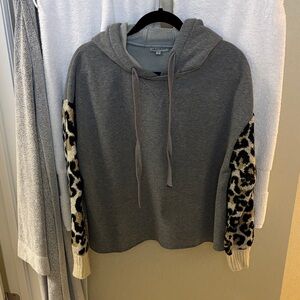 Gray Hoodie with Leopard-Print Sleeves - Women